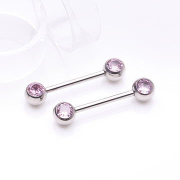 Detail View 1 of A Pair of Implant Grade Titanium Gem Ball Internally Threaded Nipple Barbell-Pink
